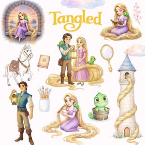 May include: A set of watercolour illustrations from the film "Tangled." Depicted are Rapunzel, Flynn Rider, Pascal, a white horse, a tower, and the film's title in yellow script. The style is soft and whimsical.