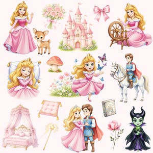 Pode incluir: Ilustrações em aquarela de uma princesa em um vestido rosa, um castelo, um veado, um príncipe em um cavalo branco e outros elementos de conto de fadas. As imagens usam uma paleta de cores suaves e pastel, evocando um tema caprichoso e mágico.