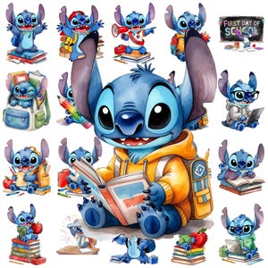Könnte beinhalten: Aquarellillustrationen der Figur Stitch in verschiedenen Posen zum Thema Schule. Stitch wird mit Büchern, Rucksäcken und Äpfeln dargestellt, trägt eine Brille und hält Bleistifte. Die Farbpalette umfasst Blau-, Gelb- und Rottöne, mit einer Tafel mit der Aufschrift "First Day of School."