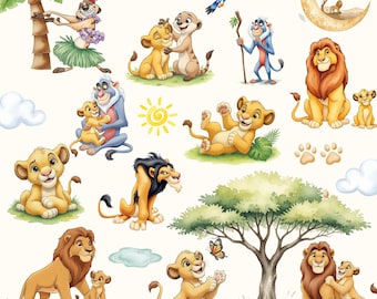 80+ Lion King Watercolor Children's Digital Kit, Simba and Friends, Safari Theme, Lion King Baby, Watercolor Digital Kit, Children's Clipart