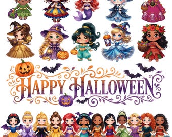 100+ Princess Halloween Watercolor PNG Bundle, Disney Princess Clipart, Chibi Princess PNG, Spooky Princess Clipart, Halloween Digital