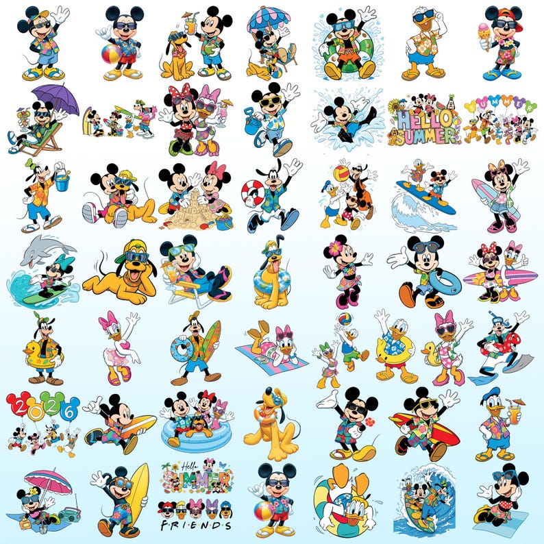 May include: A collection of Disney character illustrations featuring Mickey Mouse, Minnie Mouse, Donald Duck, Daisy Duck, Goofy, and Pluto in summer attire, including swimsuits, sunglasses, surfboards, beach balls, and floats with Hello Summer text.