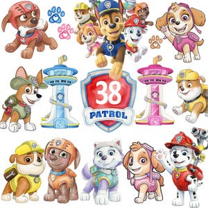 Puede incluir: Una colección de imágenes de dibujos animados con los personajes de la serie animada Paw Patrol. Las imágenes incluyen varios cachorros con sus uniformes, huellas de patas y dos torres de vigilancia. También se incluye un escudo con el número 38 y la palabra "PATROL".