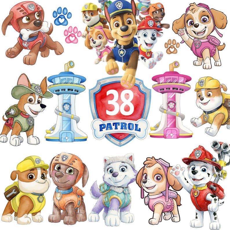 May include: A selection of cartoon images featuring characters from the animated series Paw Patrol. The images include various pups in their uniforms, paw prints, and two lookout towers. A shield with the number 38 and the word "PATROL" is also included.