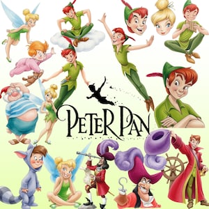 May include: A selection of illustrations featuring characters from Peter Pan. Peter Pan is shown in various poses, alongside Tinkerbell, Captain Hook, and other characters. The title "Peter Pan" is written in a decorative font.