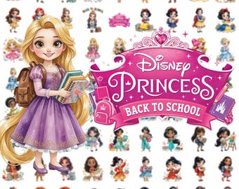 Puede incluir: Una colección de pegatinas y gráficos con el tema de las Princesas Disney. La imagen central presenta a Rapunzel con una mochila y libros, rodeada de varias ilustraciones de princesas. Una pancarta rosa dice "Disney Princess Back to School."