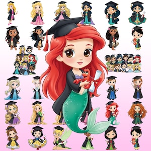 Puede incluir: Ilustraciones de princesas Disney con atuendos de graduación. La imagen central muestra a Ariel, la Sirenita, sosteniendo un pergamino y una langosta. Las princesas, con diversos tonos de piel y cabello, se presentan sobre un fondo rosa.