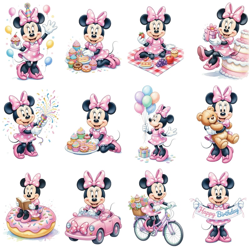80+ Minnie Mouse Pink Birthday Watercolor Cute Digital, Elements, PNG 300 DPI, Baby Minnie Mouse Pink, Digital Kit,Clipart for Children image 3