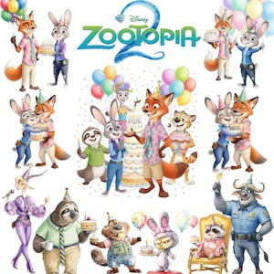 May include: A colorful illustration featuring characters from the Disney movie Zootopia 2. The image includes Nick Wilde, Judy Hopps, and other animal characters celebrating with balloons and birthday cakes. The Zootopia 2 logo is at the top.