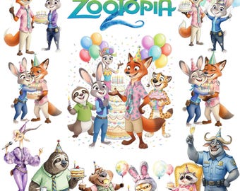 Zootopia Birthday Clipart Watercolor Characters | Judy Hopps, Nick Wilde Birthday Party Decoration | Instant Download
