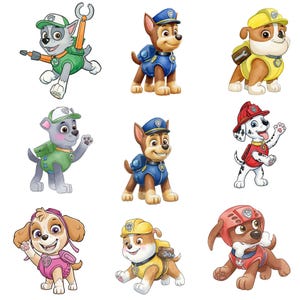 May include: Nine cartoon images of the Paw Patrol characters. Each character is a different breed of dog, wearing a uniform and gear. The characters are in various poses, with bright colours and detailed designs.