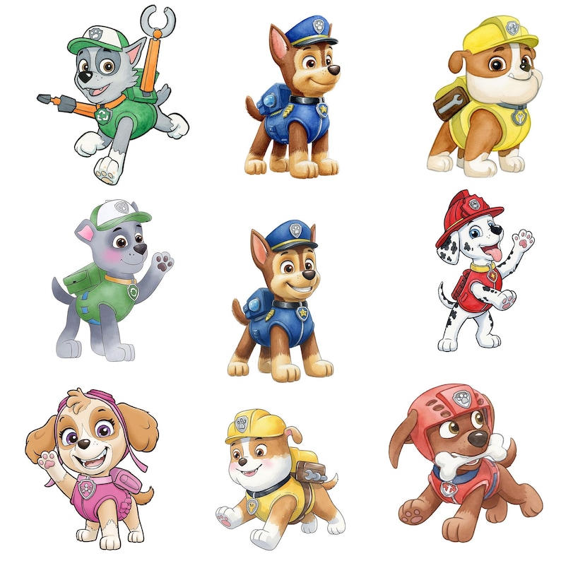 May include: Nine cartoon images of the Paw Patrol characters. Each character is a different breed of dog, wearing a uniform and gear. The characters are in various poses, with bright colours and detailed designs.