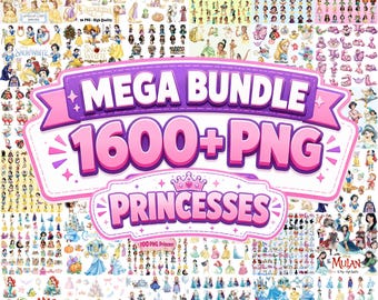 1600+ Prinzessinnen Mega Bundle PNG-Dateien, Märchen Prinzessin Clipart, Geburtstags-Party Dekor, Cartoon Prinzessin Digital Download