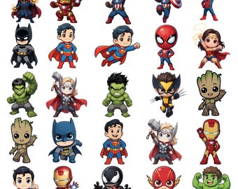 Chibi Superhero Clipart Bundle PNG, Superhero Characters, Superhero Chibi Png