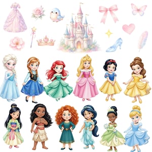 Pode incluir: Ilustração em aquarela com várias princesas da Disney, incluindo Elsa, Anna, Ariel, Aurora, Branca de Neve, Bela, Mulan, Moana, Merida, Jasmine, Tiana e Cinderela. A imagem também inclui um castelo, um vestido e outros acessórios com tema de princesa.