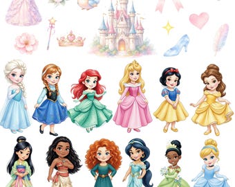4000px 30 PNG Little Baby Princess Clipart Bundle, Fairytale Girls, Storybook Princesses Clip Art, Kids Party, Nursery Decor, Commercial Use