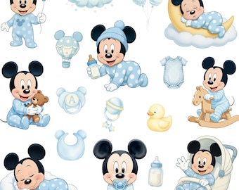 50+ Baby Mickey Watercolor Clipart, Cute Blue Pastel Theme, Mickey Baby Shower Clipart, Watercolor Bundle, High Resolution