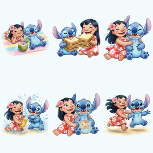 Peut inclure: Plusieurs illustrations de Lilo et Stitch. Les images montrent les personnages dans diverses sc&egrave;nes, notamment en train de pique-niquer, de s'embrasser, de jouer avec de l'eau et de courir sur la plage. Le style est color&eacute; et de dessin anim&eacute;.
