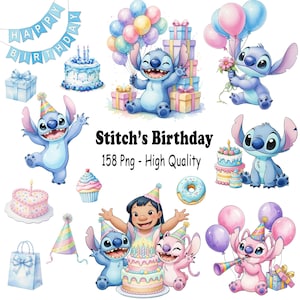 Stitch Birthday akvarell Clipart, söt digital kit, 150+ PNG, 300 DPI PNG, Stitch Birthday akvarell samling söt digital konst