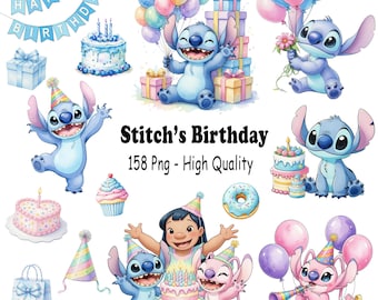 Stitch Birthday Watercolor Clipart, Cute Digital Kit, 150+ PNG, 300 DPI PNG, Stitch Birthday Watercolor Collection Cute Digital Art