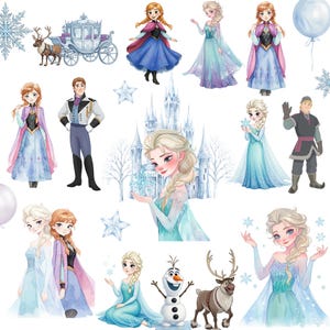 Può includere: Illustrazioni ad acquerello di personaggi ed elementi del film d'animazione "Frozen". L'immagine presenta Anna, Elsa, Kristoff, Olaf e Sven, insieme a una carrozza trainata da cavalli, fiocchi di neve e un castello. I personaggi sono nei loro abiti iconici.
