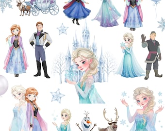 40+ Frozen Watercolor PNG Clipart,  Elsa, Anna and Olaf, Children's Party, Cute Frozen Kit, Delicate Watercolor, Characters and Scenery