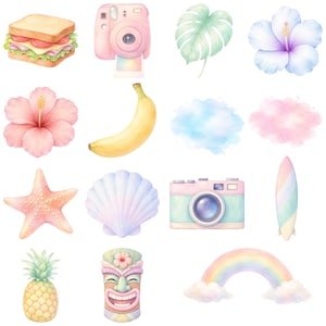 Peut inclure: Illustrations &agrave; l'aquarelle sur le th&egrave;me de la plage et des tropiques. Comprend un sandwich, un appareil photo rose, une feuille de monstera, des fleurs d'hibiscus, une banane, une &eacute;toile de mer, un coquillage, un appareil photo, une planche de surf, un ananas, un masque tiki et un arc-en-ciel.