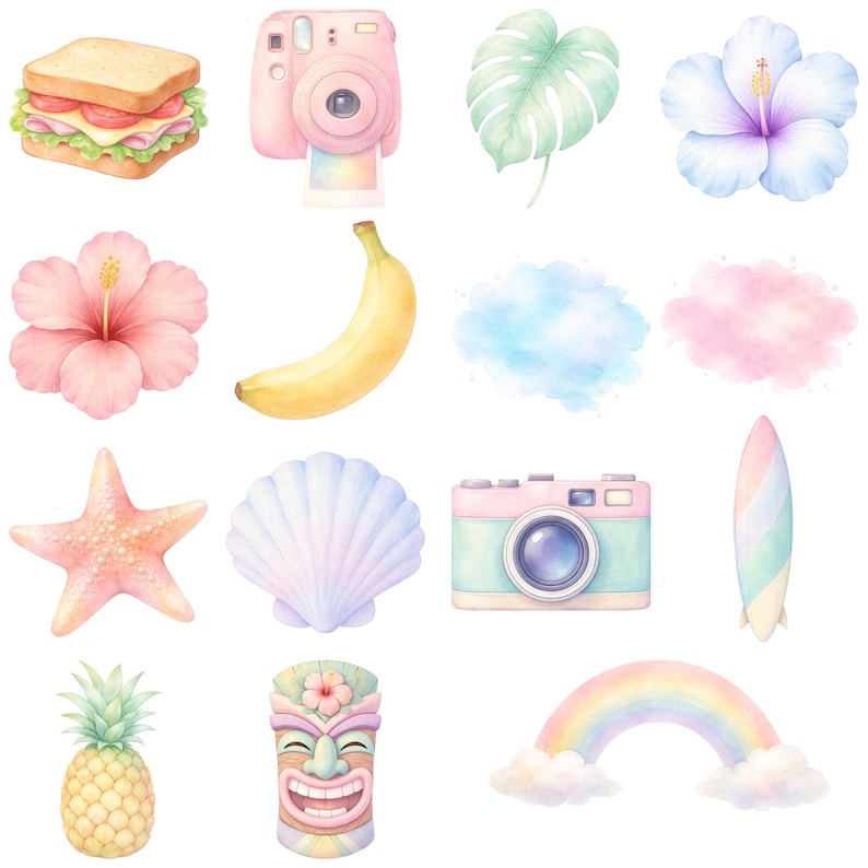 Peut inclure: Illustrations &agrave; l'aquarelle sur le th&egrave;me de la plage et des tropiques. Comprend un sandwich, un appareil photo rose, une feuille de monstera, des fleurs d'hibiscus, une banane, une &eacute;toile de mer, un coquillage, un appareil photo, une planche de surf, un ananas, un masque tiki et un arc-en-ciel.