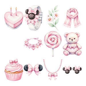 May include: Watercolor illustration of various pink items, including a heart-shaped cake with candles, a white watch with a pink bow, a pink scarf, a bracelet with heart charms, a lollipop, a teddy bear, a cupcake, bow-shaped earrings, and a pearl necklace.