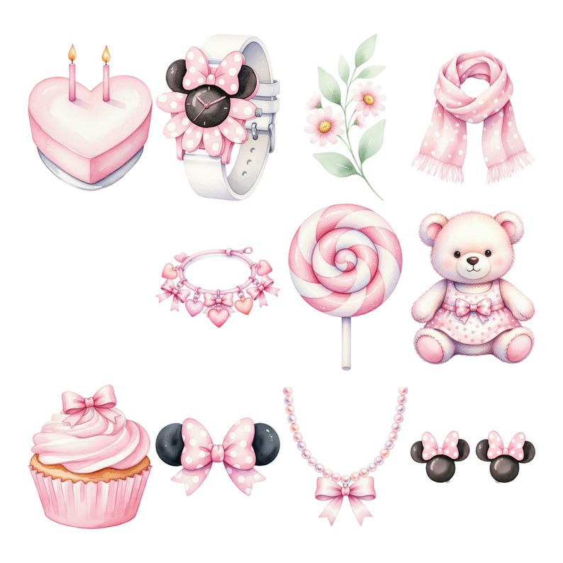 May include: Watercolor illustration of various pink items, including a heart-shaped cake with candles, a white watch with a pink bow, a pink scarf, a bracelet with heart charms, a lollipop, a teddy bear, a cupcake, bow-shaped earrings, and a pearl necklace.