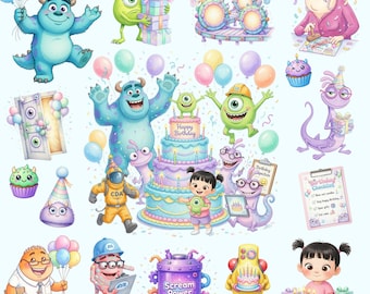 Monsters Inc. Watercolor Digital Kit | Mike, Sulley and Boo, Monsters Inc. Birthday Watercolor Cute, Clipart Monsters Inc. Baby