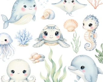 4000px Watercolor Under The Sea Clipart Bundle – Ocean Animal Illustration (Commercial Use), 35 PNG