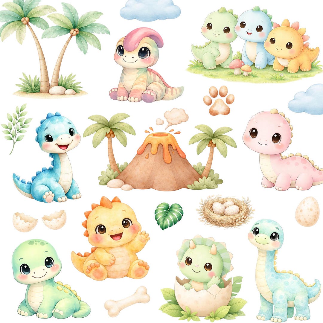 4000px 57 PNG Cute Watercolor Dinosaur Clipart for Nursery Decor, Baby ...