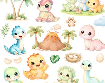 4000px 57 PNG Cute Watercolor Dinosaur Clipart for Nursery Decor, Baby Shower and Birthday Party PNGs, T-Rex Dino Egg Graphic Illustrations
