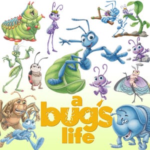 Könnte beinhalten: Eine Sammlung von Cartoon-Illustrationen mit verschiedenen Insektencharakteren aus dem Film "Das große Krabbeln". Die Bilder zeigen eine grüne Raupe, eine lila Ameise, eine blaue Ameise auf einem Blatt und andere farbenfrohe Insektenfiguren. Der Titel "A Bug's Life" ist in gelbem Text dargestellt.