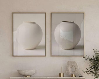 Minimal White Ceramic Vase Wall Art Set of 2 | Light & Shadow Neutral Abstract | Moon Jar Inspired art Print | Calm Modern Decor