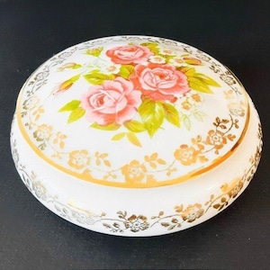Vintage Limoges snuisterijdoosje bloemen goud porselein Souvenir de Lourdes 1970's cadeau tip