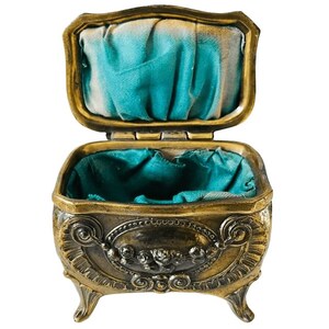 Antiek Frans Sieradendoosje Art Nouveau Verguld Originele Turquoise Zijden Voering 1900's cadeau tip