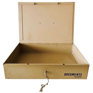 Vintage document safe, industrial steel box, cash chest, steel money box with handle and key, 1980s