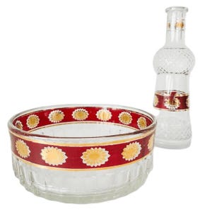 Vintage Set Stampi Francolini Ruby Red Gold schaal en en fles Italiaans glas 1960's