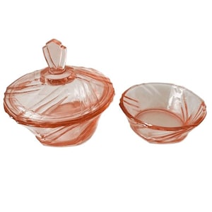 Art deco rosaline set geslepen kristal sieradendoosje en schaaltje roze 1930's cadeau tip