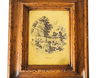 Antica incisione su rame incorniciata raffigurante un paesaggio estivo "Estate" anni 1890