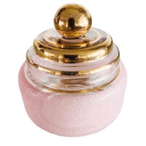 Art deco poederdoos roze gesuikerd glas sieradendoosje 1950's cadeau tip