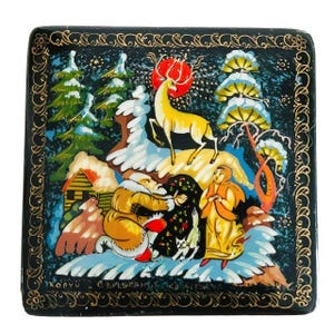 Vintage Russisch handgeschilderd lakdoosje pillendoosje sprookje Palekh 1960's cadeau tip