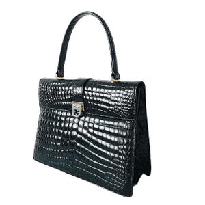Sac à main vintage Vimar Paris en cuir verni noir imprimé crocodile, années 1960