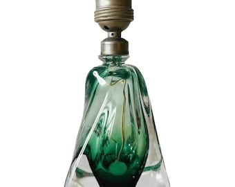 Base de lámpara de cristal verde de mediados de siglo, Val Saint Lambert, década de 1950.