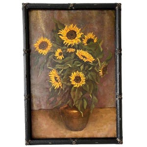 Antiek XL schilderij zonnebloemen olieverf M. Bertels 1920's