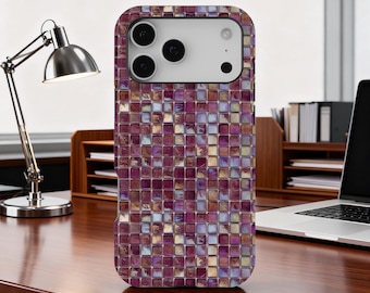 Mosaic Tile Print Phone Case, Burgundy Checkerboard Tough Cover for iPhone 17 16 15 14 13 12 11 Pro Max, Samsung Galaxy S25 S24 S23 Ultra