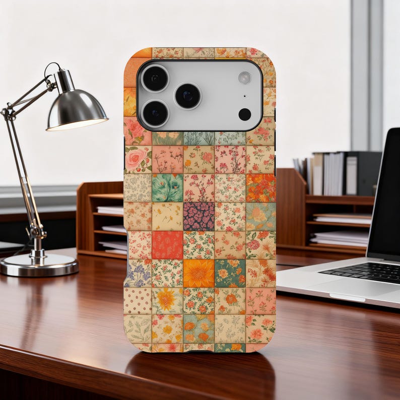 Quilt Patchwork Phone Case, Floral Vintage Quilt Design Phone Cover for iPhone 17 16 15 14 13 12 11 Pro Max, Samsung Galaxy S25 S24 S23 Ultra