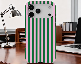 Green & Pink Stripe Phone Case, Trendy Retro Design, Striped Phone Cover for iPhone 17 16 15 14 13 12 11 Pro Max, Samsung S25 S24 S23 Ultra